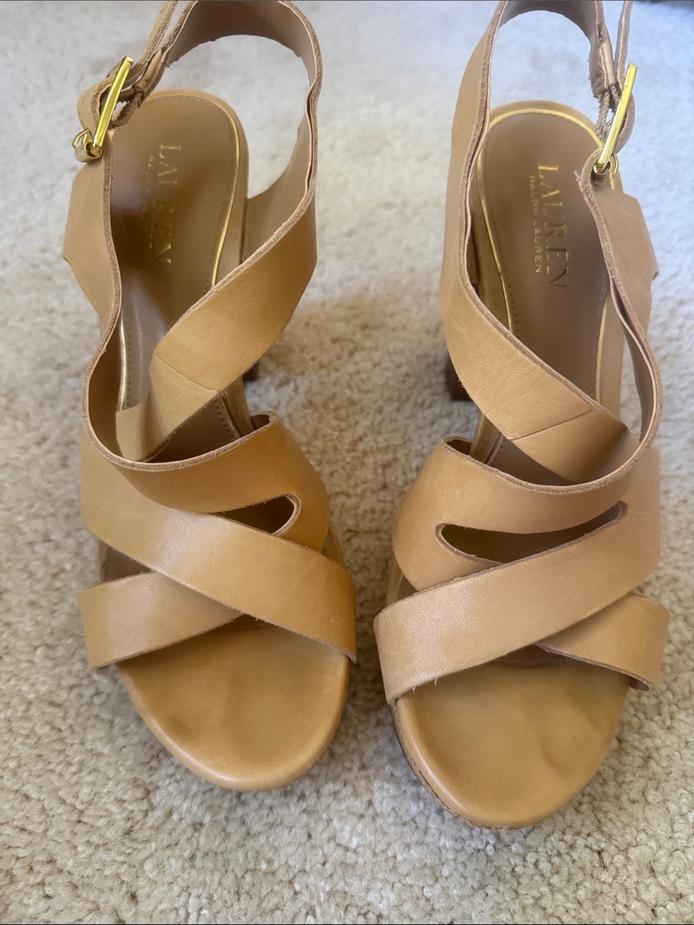 Lauren Ralph Lauren Tan Crisscross Wedge Sandals with Gold Buckle